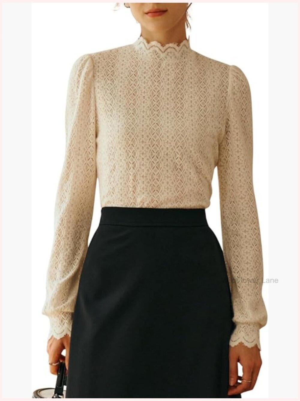 Women's White Lace Long-Sleeved Shirt, Mock Neck Cuffed Sleeve Eyelet Dressy Top